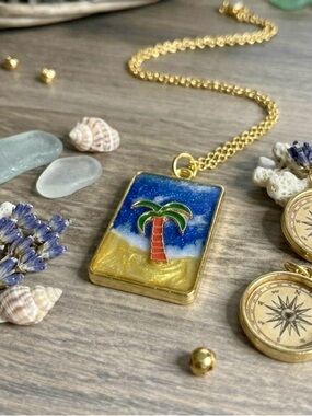 Gold-tone Rectangular Palm Tree Pendant Necklace with Blue, Green & Red Enamel